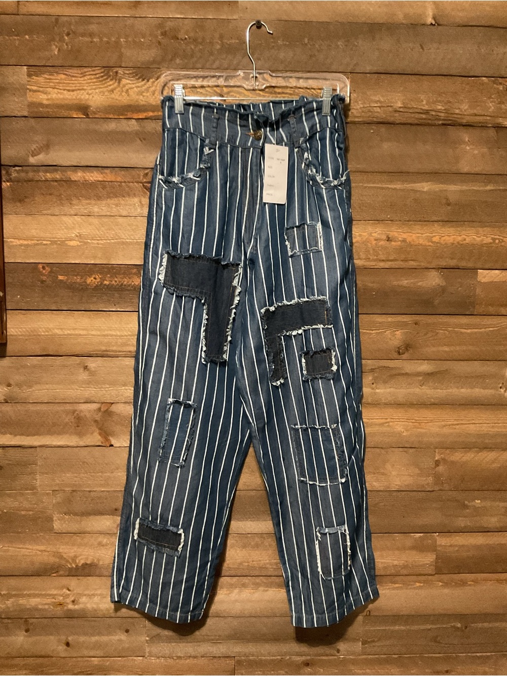 Paper Lace Blue Striped Patch Pants Denim Patchwork Women’s Size Small NWT
